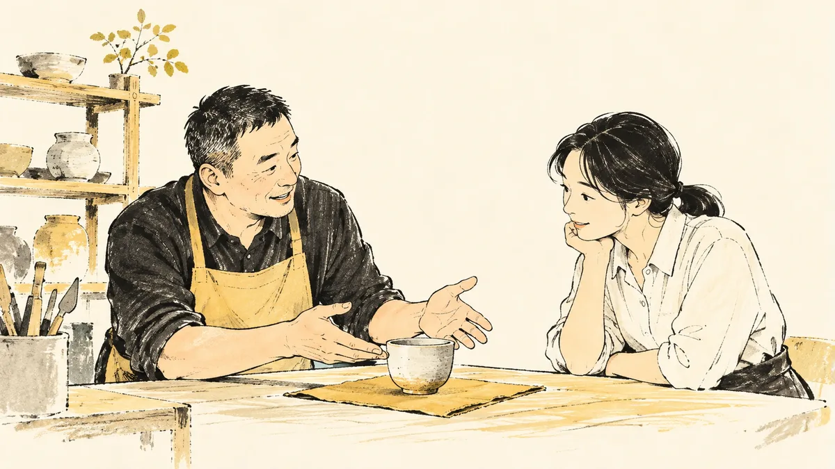 가상의 소상공인 두 사람이 제품을 앞에 놓고 개선 방향을 의논하는 삽화. 실제 지원 선정업체나 지급 사례가 아닙니다.