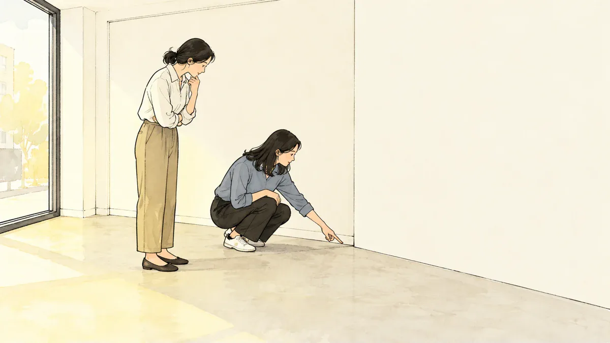 가상의 두 성인이 빈 상가의 벽과 바닥을 살피는 모습을 그린 삽화