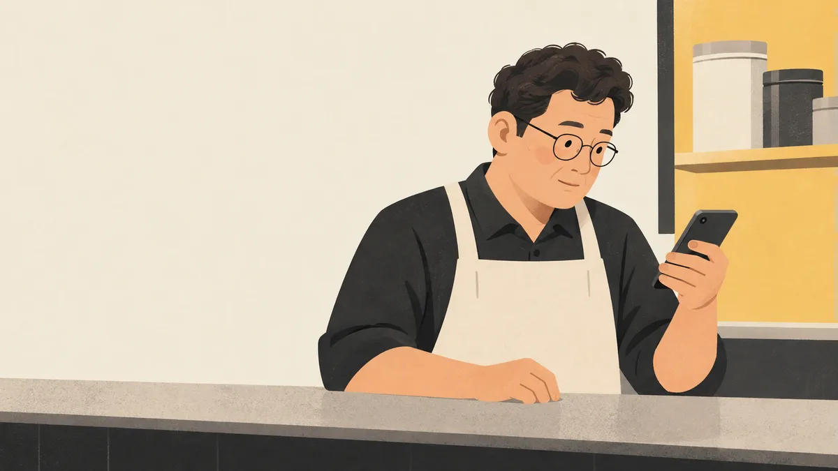 가상의 성인 점주가 가게 카운터 뒤에서 스마트폰을 살펴보는 평면 일러스트. 실제 신고인이나 점포를 묘사한 장면이 아니다.