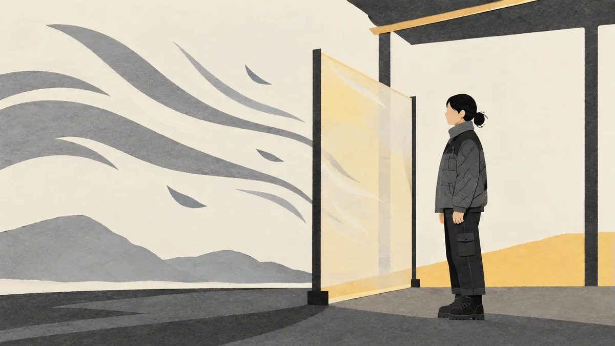 바람을 상징하는 종이 모양과 가림막 너머 가상의 성인을 그린 한파 보호 개념 삽화. 실제 사업장이나 지원대상 설비·수혜자를 재현하지 않았습니다.
