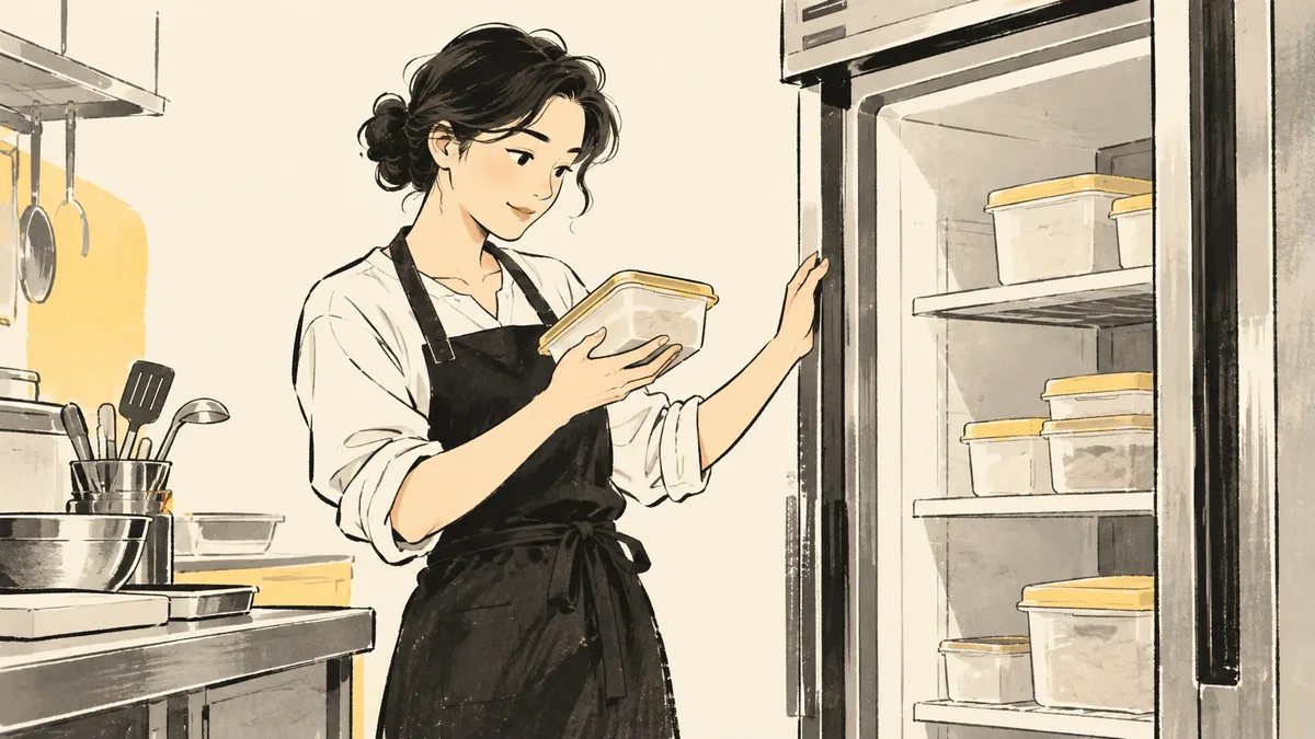 가상의 음식점 운영자가 냉장고의 밀폐 보관 용기를 살펴보는 설명용 삽화. 실제 단속 업소나 위반 사례가 아닙니다.